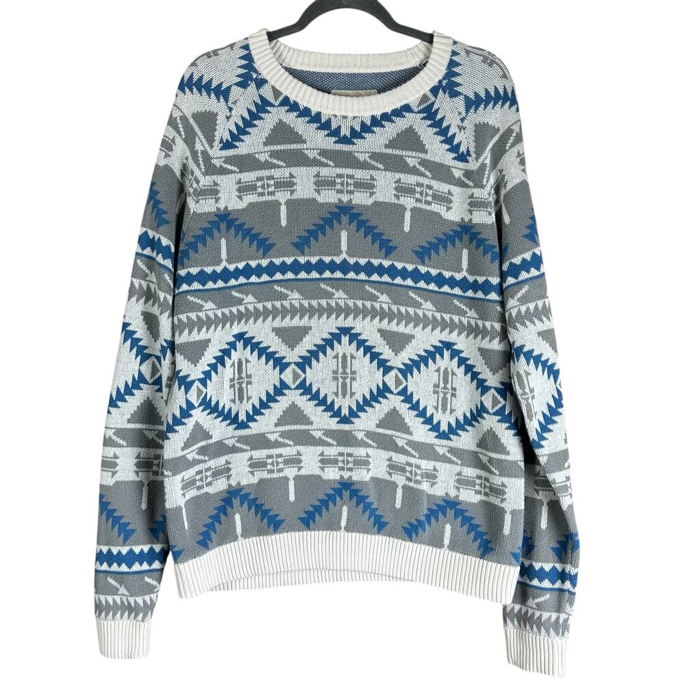 Mossimo Sweater Men Sz L Cream Blue Gray Geo Tribal Knit Grandpa Cotton Pullover